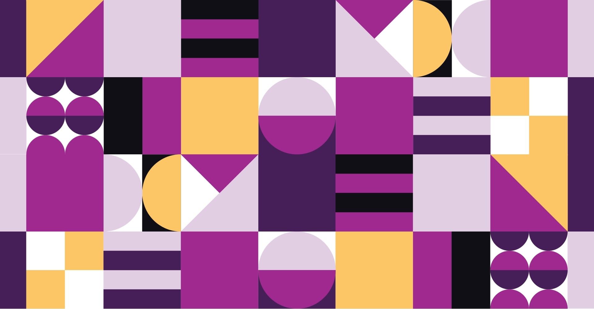 A pattern of primitive shapes in yellow, white, black and a variety of shades of purple.