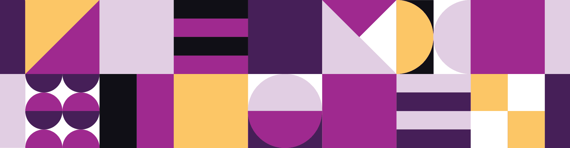 A pattern of primitive shapes in yellow, white, black and a variety of shades of purple.