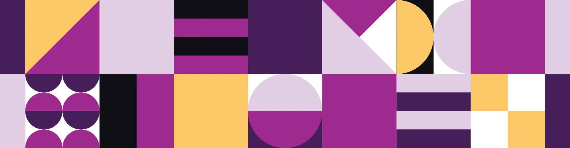 A pattern of primitive shapes in yellow, white, black and a variety of shades of purple.